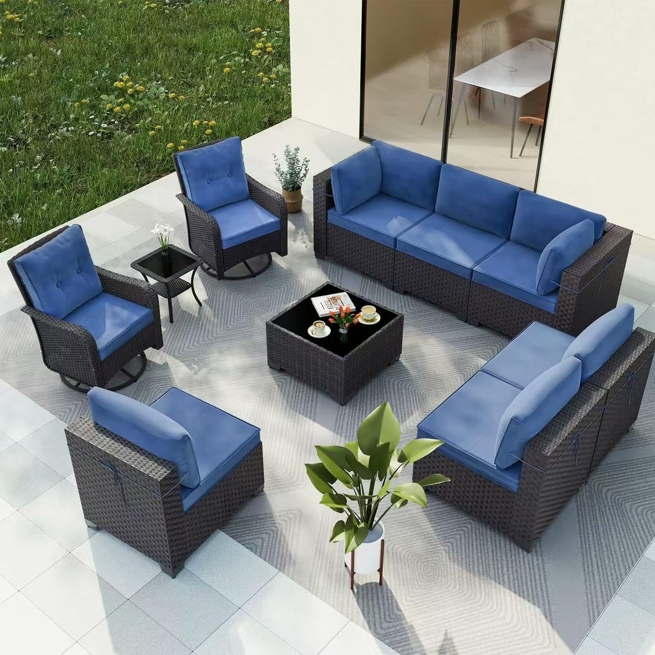 Gotland 7 Pieces Patio Furniture Set with 1 Coffee Table, 6 Seater Wicker Rattan Patio Set with 29.5'' High Backrest Thick Cushions Adjustable Foot Pads, for Porch Deck Garden Green Blue