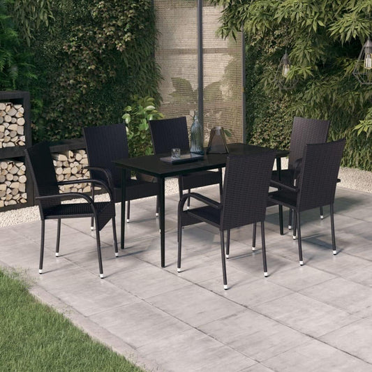 7-Piece Garden Dining Set, Black PE Rattan & Powder-Coated Steel Frame, Glass Top, 6-Seater Outdoor Patio Furniture for Balcony Terrace