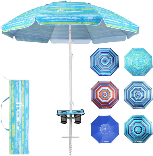 Grandekor 7FT Beach Umbrellas for Sand Heavy Duty Wind Portable Beach Umbrella with Table Travel Beach Umbrella with Carry Bag Sun Umbrella Beach, UV 50+