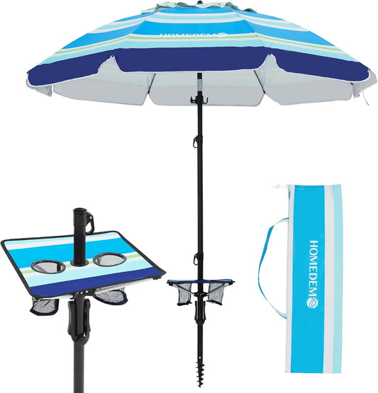 HOMEDEMO 7ft Beach Umbrellas For Sand Heavy Duty Wind, Portable Beach Umbrella UPF 50+ Windproof Outdoor Beach Umbrella with Sand Anchor, Tilt Pole, Carry Bag, Table Tray, Vent and Hook