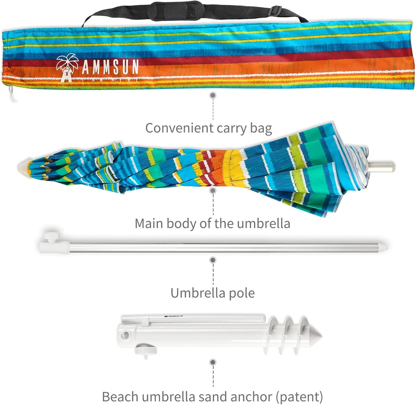 AMMSUN Beach Umbrellas for Sand Heavy Duty Wind Portable, 6.5ft Outdoor Umbrella with Sand Anchor and UV Protection, Parasols Includes Carry Bag for Beach, Patio, and Garden, Yellow Stripes