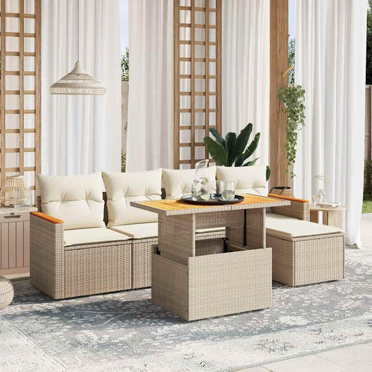 Garden Sofa Set Beige PE Rattan 6 Seater Sofa Set Adjustable Feet Outdoor Decor Outdoor Chairs for Terrace Garden
