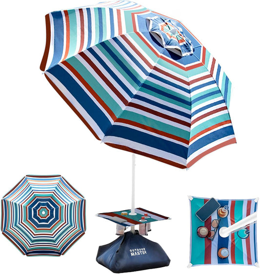 OutdoorMaster Beach Umbrellas with Sandbag & Anchor with 4 Cup Holder, 6.5ft Adjustable Umbrella for Beach Heavy Duty Wind, Portable UPF50+ Sunshade with Carry Bag for Patio,Blue Red with Cup Holder