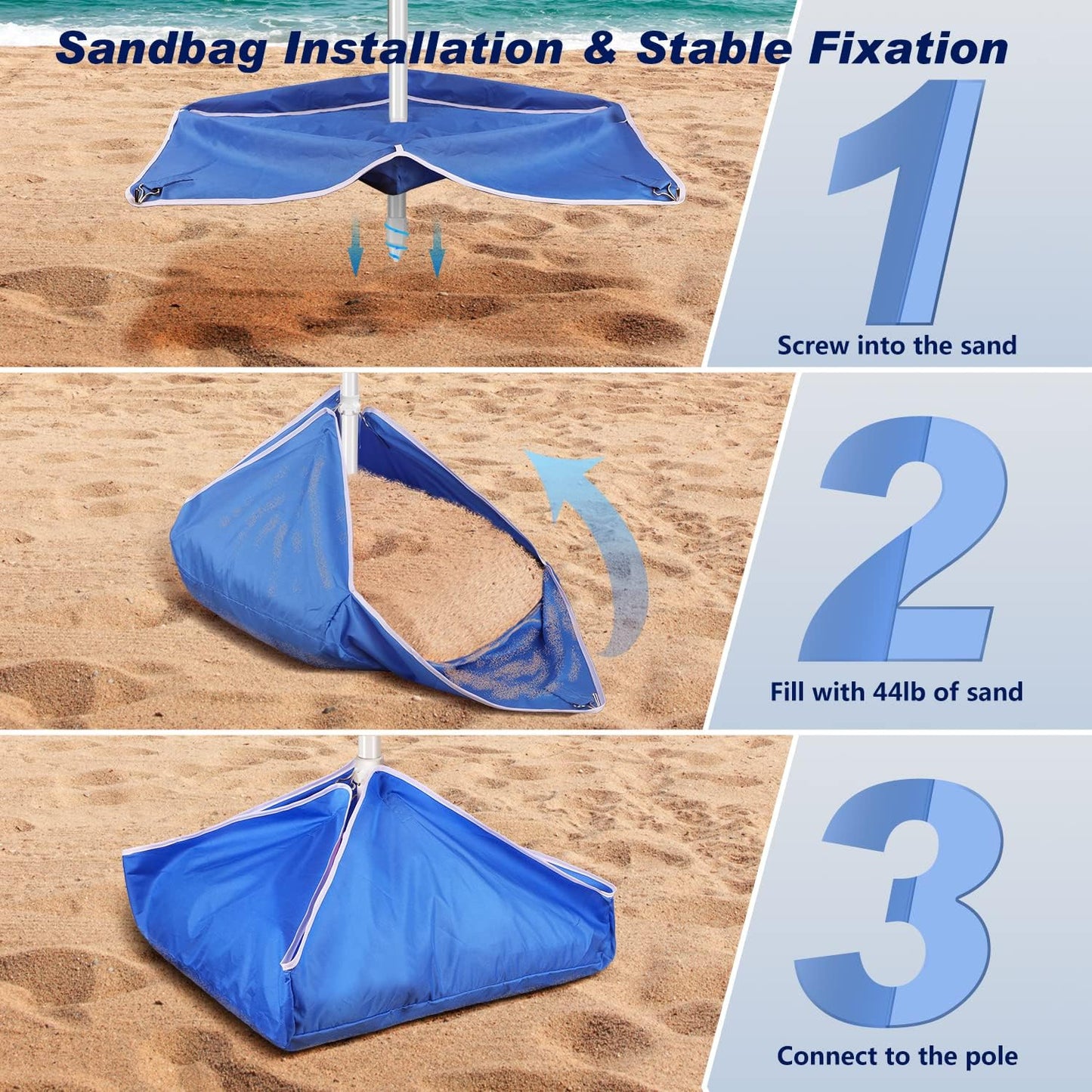 8FT Large Beach Umbrella with Level 7 Wind Resistance, Sand Anchor, Portable Outdoor Umbrella with UPF50+ UV Protection, Tilt Sun Shelter for Beach, Patio, Yard