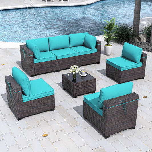 Gotland 7 Pieces Patio Furniture Set with 1 Coffee Table, 6 Seater Wicker Rattan Patio Set with 29.5'' High Backrest Thick Cushions Adjustable Foot Pads, for Porch Deck Garden Green Blue