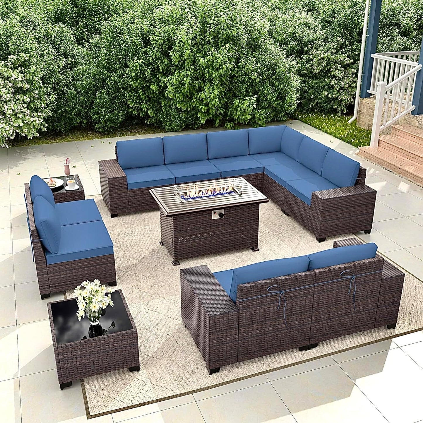 Gotland 7 Pieces Patio Furniture Set with 1 Coffee Table, 6 Seater Wicker Rattan Patio Set with 29.5'' High Backrest Thick Cushions Adjustable Foot Pads, for Porch Deck Garden Green Blue